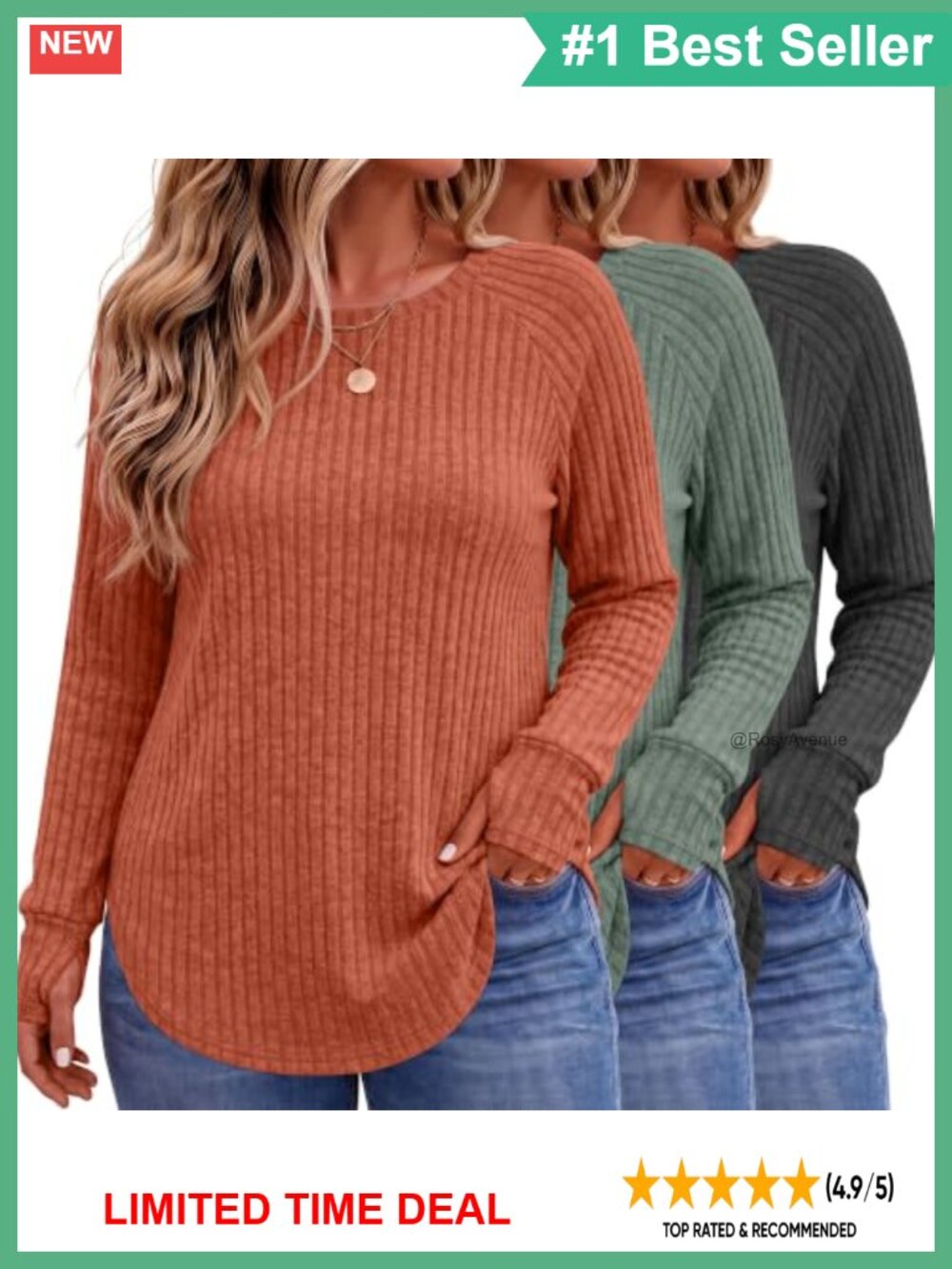 Plus Size Long Sleeve Tunic Sweaters with Thumb Hole 3 Pack